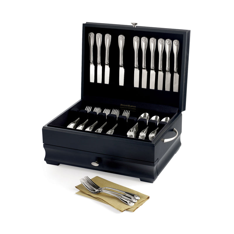 Reed & Barton Manhattan ebony flatware chest, open with silver-tone utensils