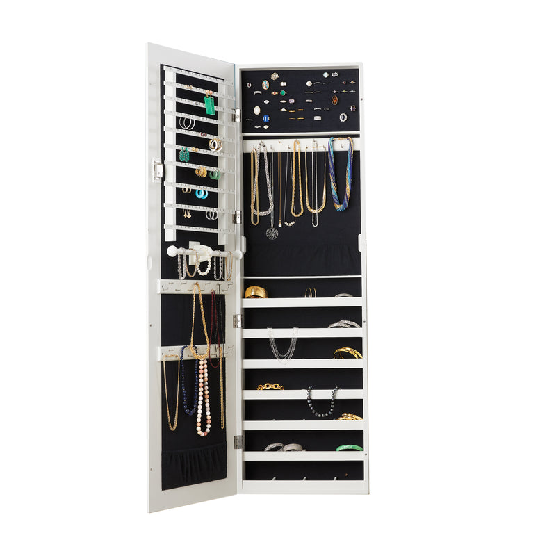 Safekeeper wall mirror jewelry cabinet, white with open doors, hooks and necklace shelves