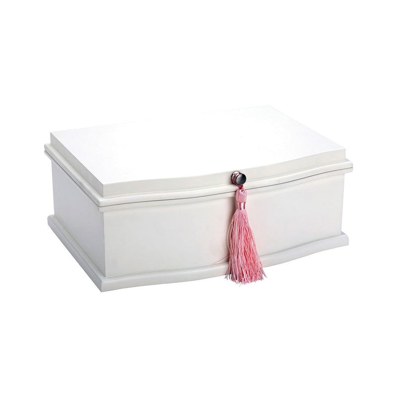 Musical ballerina jewelry chest, white exterior with pink tassel pull on lid