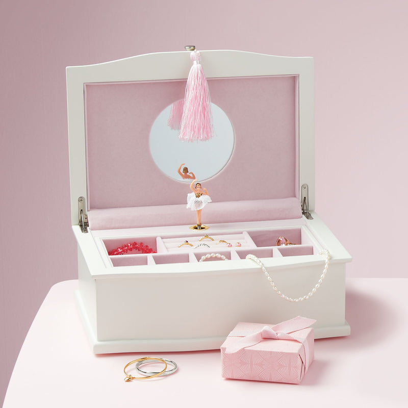 Musical ballerina jewelry chest open with ballerina music box scene and necklace