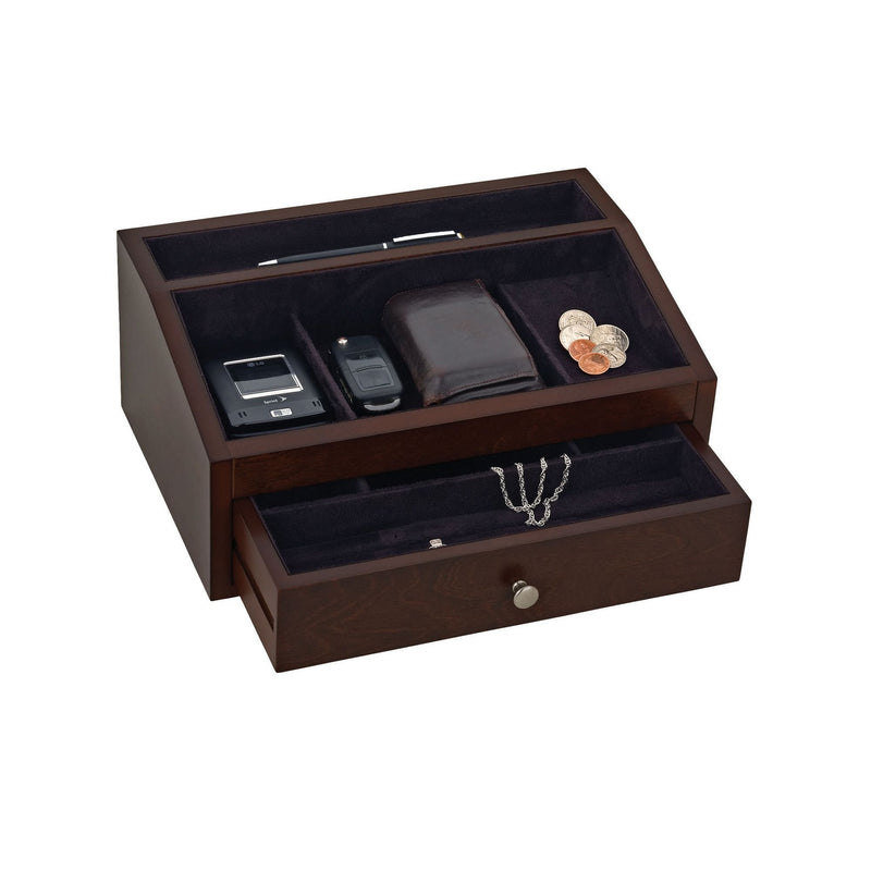 Jackson men's valet jewelry chest, open with dark organizer tray and drawer for jewelry
