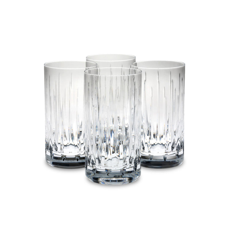 Set of four clear crystal highball glasses with vertical cuts and dark bottom ring
