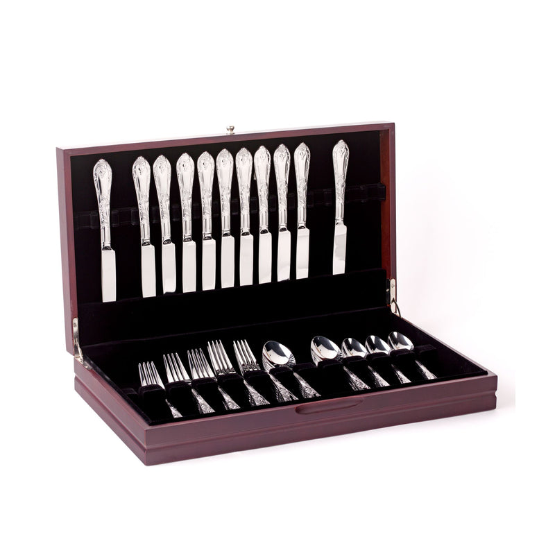 Dark walnut flatware chest open, holding stainless silverware set in compartments