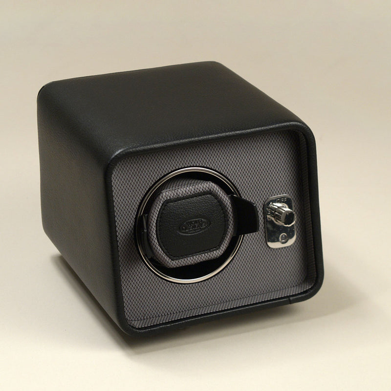 Black faux leather single watch winder with round watch holder and key lock