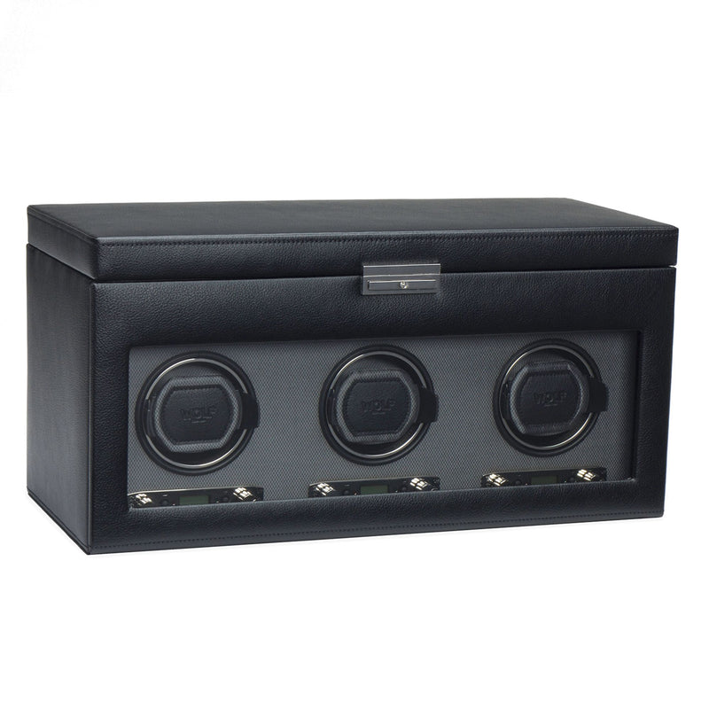 Black faux leather triple watch winder box with three dials and storage window