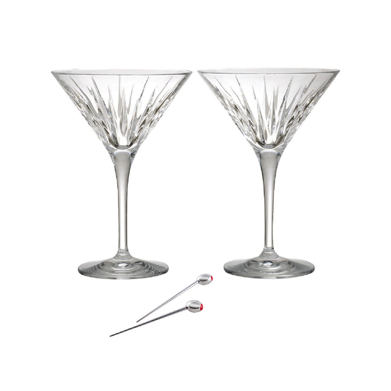 Reed & Barton Soho martini glass set with two clear glasses and olive picks