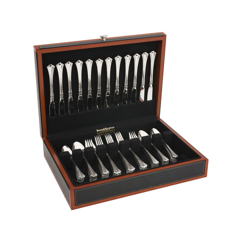 Reed & Barton Adam's flatware chest open, showing silverware set in compartments