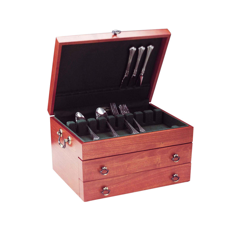 Wooden cherry flatware chest with lid, black insert, and built-in utensil compartments