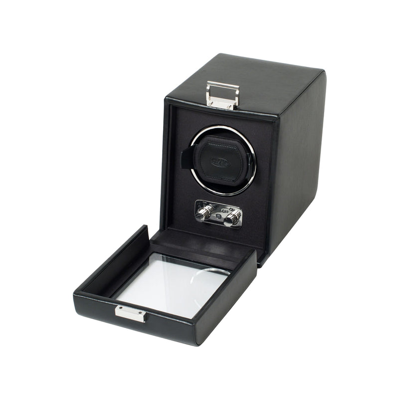 Black faux leather single watch winder with cover, open lid, WOLF Designs