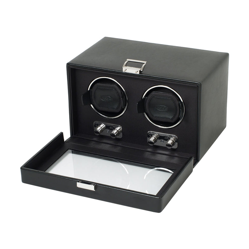 Black faux leather double watch winder with cover, open base and two watch holders