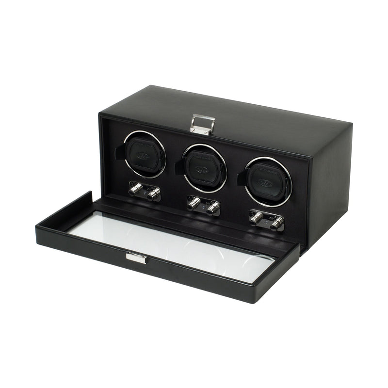 WOLF Designs Heritage triple watch winder, open base with three round winding compartments
