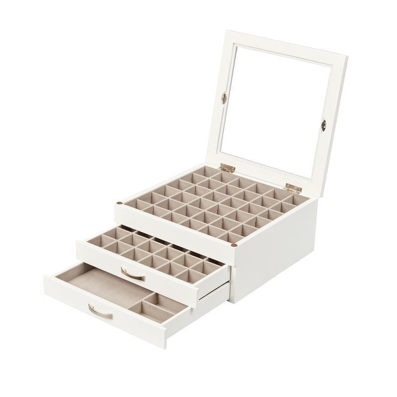 Mele & Co. Liza white jewelry box with open lid and grid earring compartments