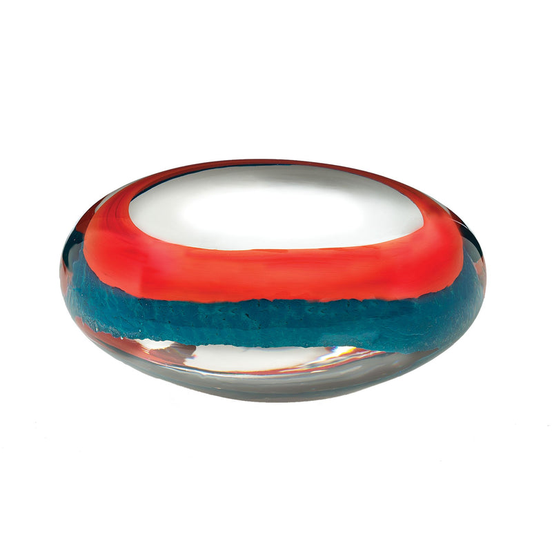 Waterford Crystal Evolution Agate paperweight with red and teal glass swirl, glossy dome