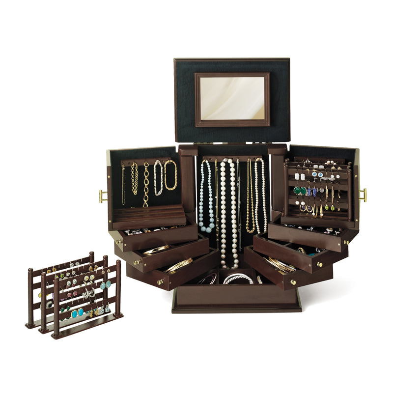 Dark wooden jewelry organizer with open compartments, necklace display rods, and earring/ring trays.