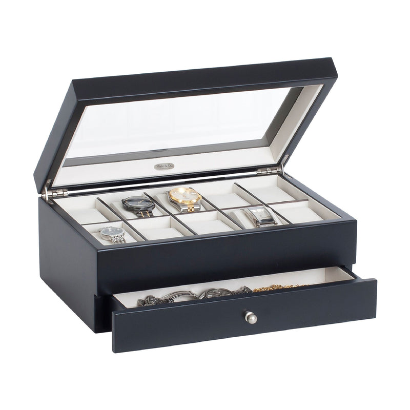 Mele & Co. Grant wooden watch box with glass lid and drawer, holds several watches
