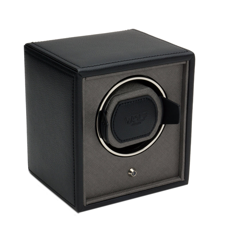 Black faux leather single watch winder with circular watch cradle and WOLF logo