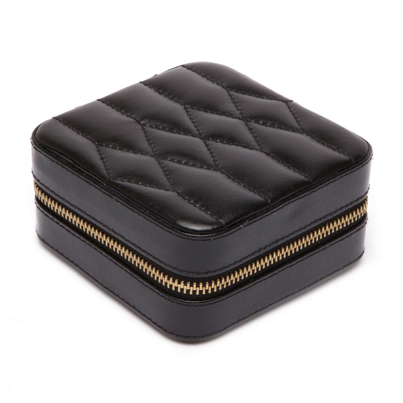 Black leather zip travel jewelry case with quilted top and gold-tone zipper