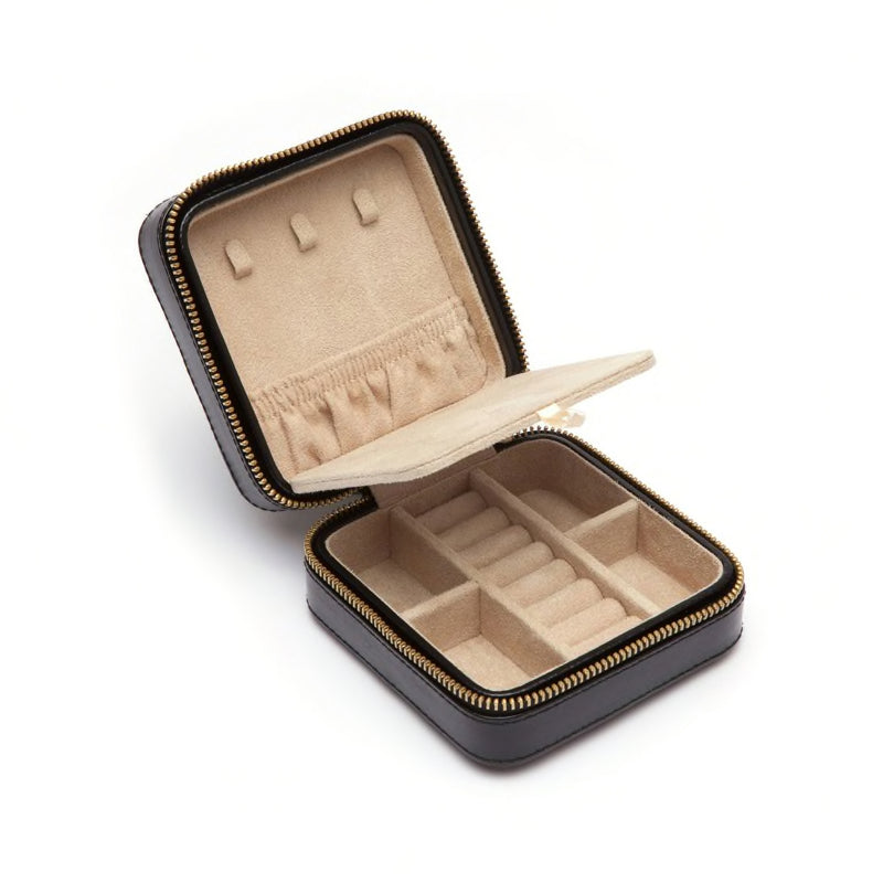Black leather zip travel jewelry case open, showing ring slots and cloth divider