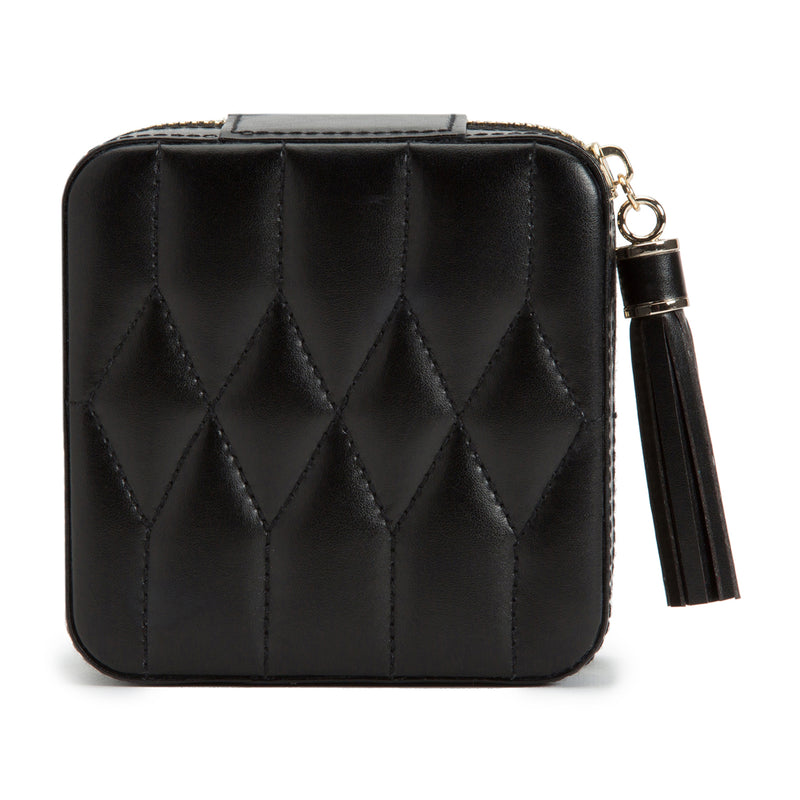 Black quilted leather zip jewelry case with wrist strap and gold zipper pull