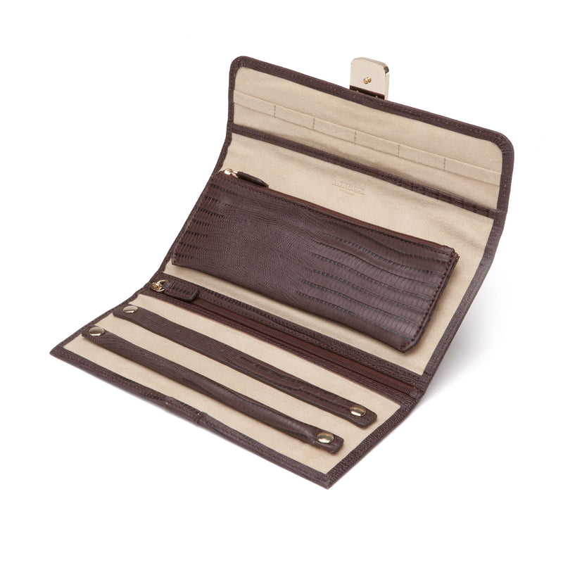 Leather jewelry roll case, dark brown with beige lining, open with snap and 4 strap slots