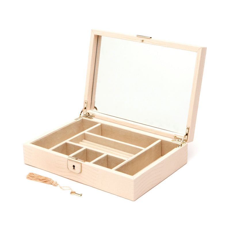 Medium leather jewelry box, open with padded compartments and metal lock