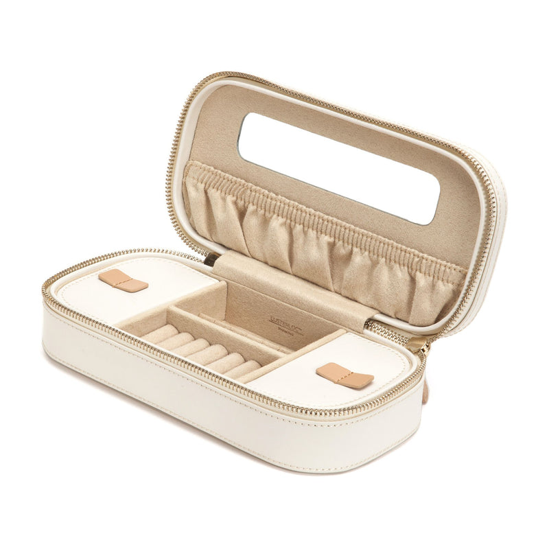 Cream leather zip jewelry case with organizer compartments, open view