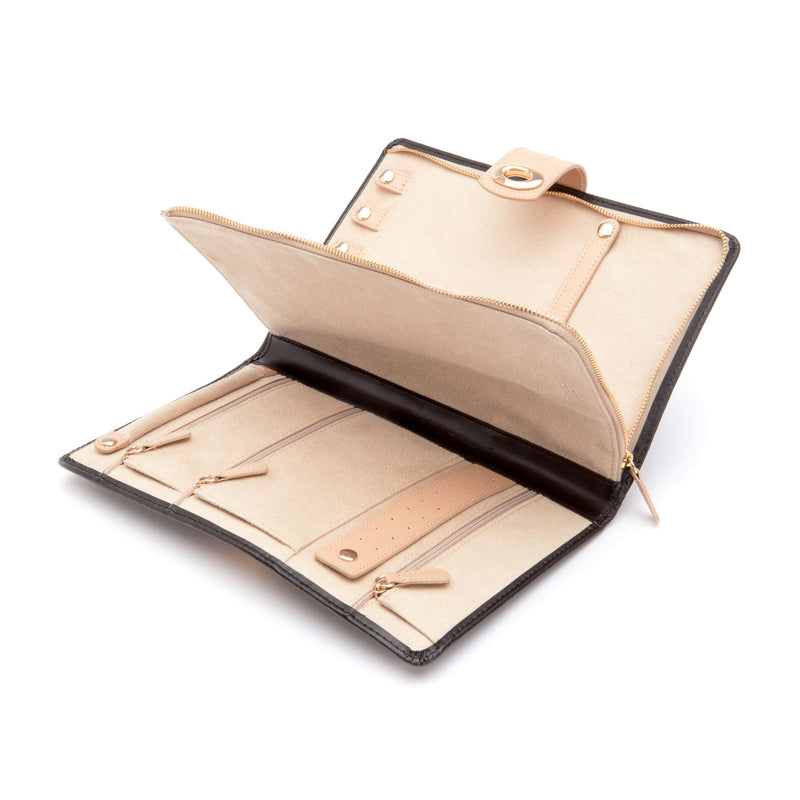 Leather jewelry folio case, open two-tone with zipper pockets and ring loop details