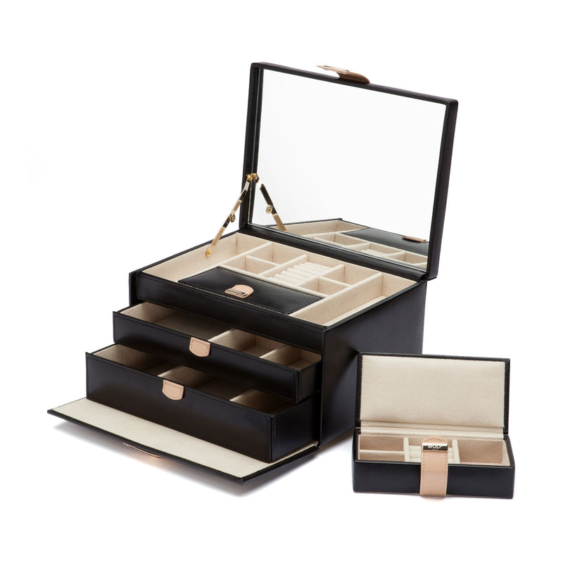 Black leather medium jewelry box with hinged mirror and multiple organizer compartments