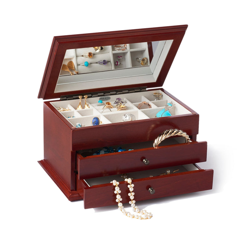 Mele & Co. Brayden jewelry box in burlwood finish, open with drawers and floral inlay