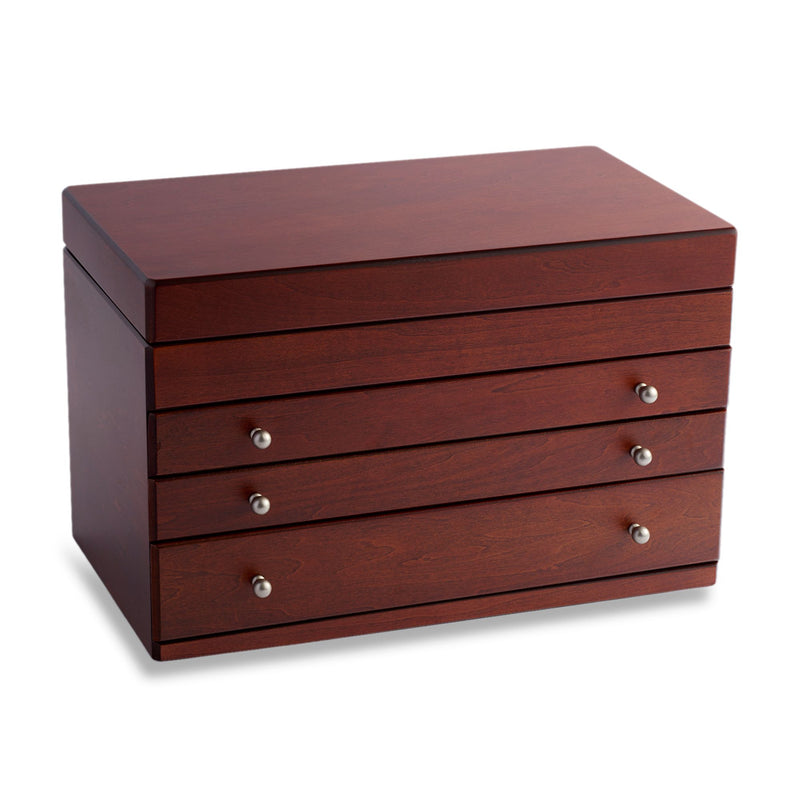 Antique walnut-finish jewelry box by Mele & Co., closed with three drawers and silver knobs