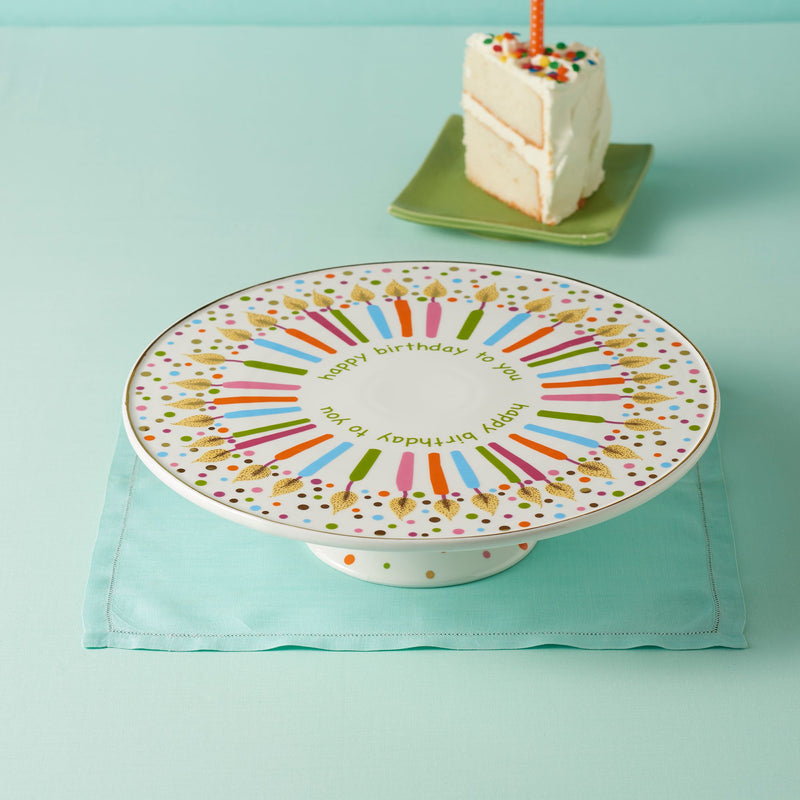 Lenox porcelain birthday cake plate with colorful confetti border and candles design