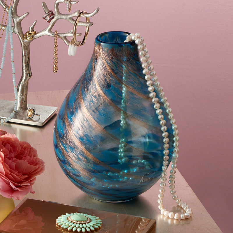 Lenox art glass vase, aqua with golden swirl and white pearl-bead accent
