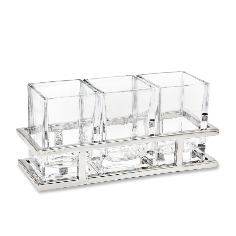 Crystal flatware caddy with clear compartments and stainless steel base