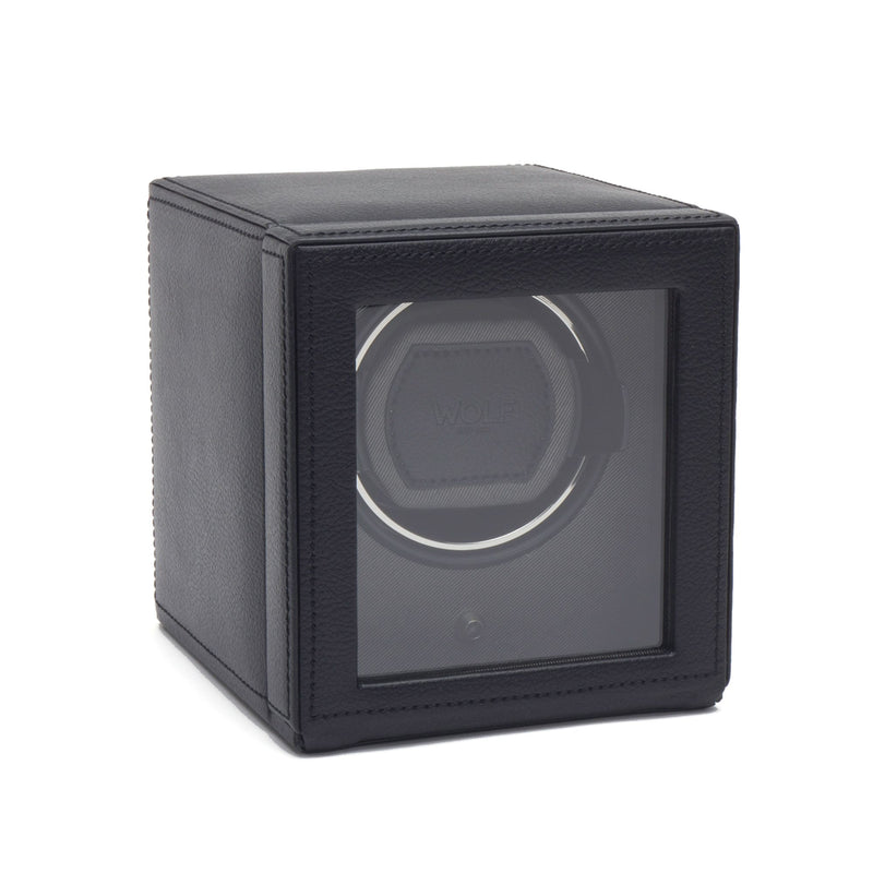 Black single watch winder with cover, textured leather cube and clear front window