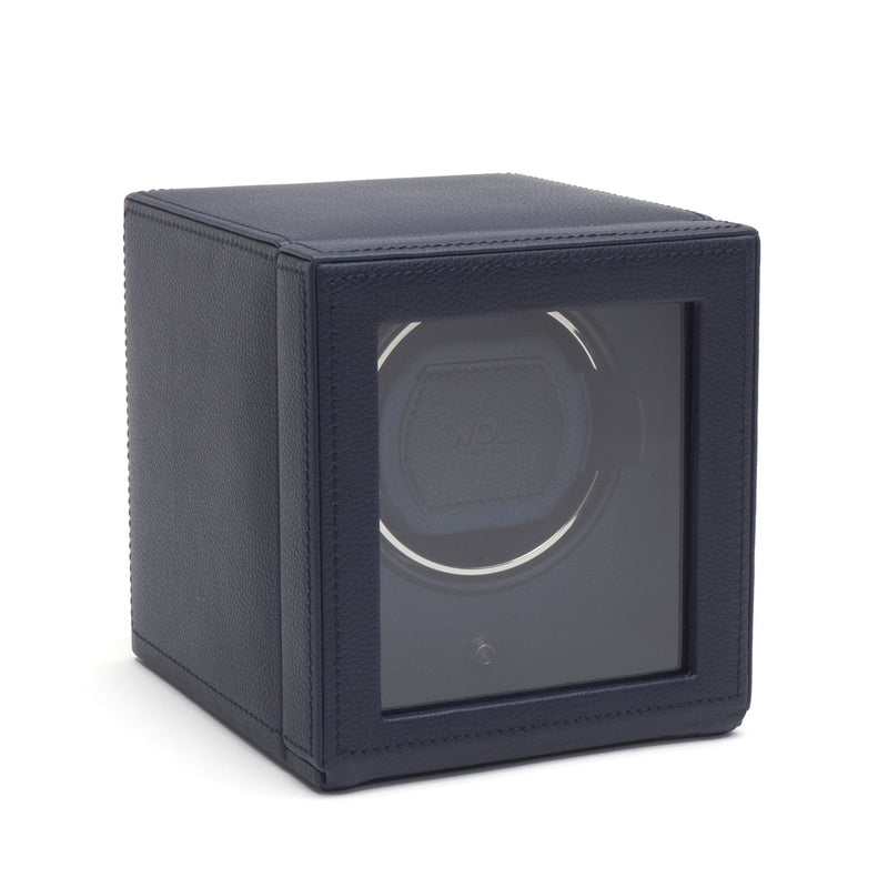 Navy single watch winder with clear display window and textured cover.