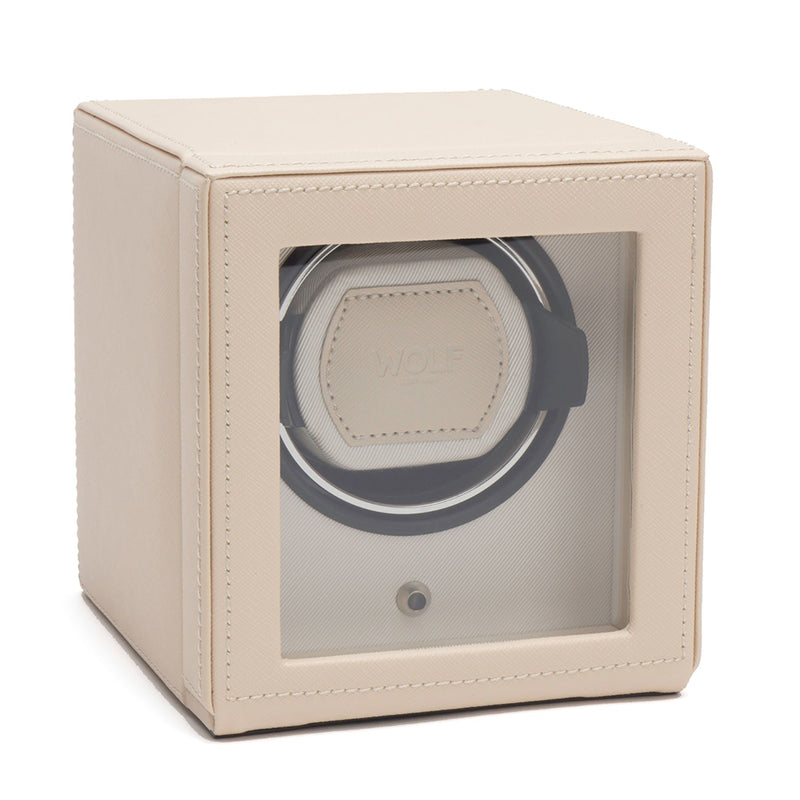 Cream saffiano single watch winder cube with clear window and WOLF dial
