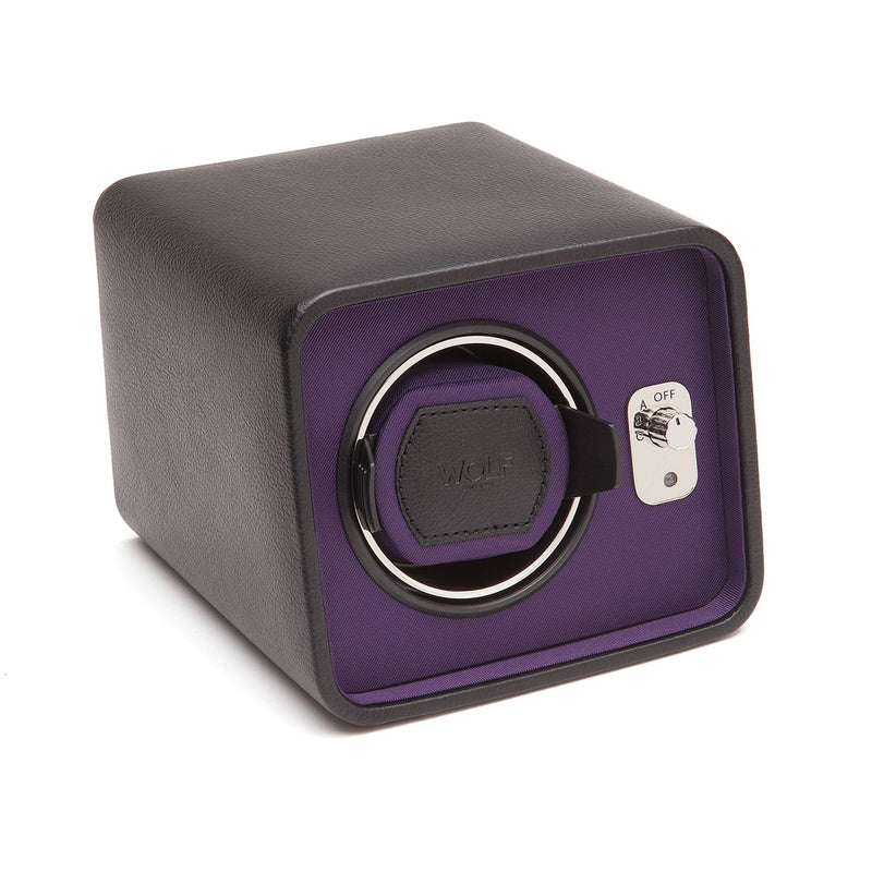 Single watch winder with purple front panel, circular bezel, and grey textured case