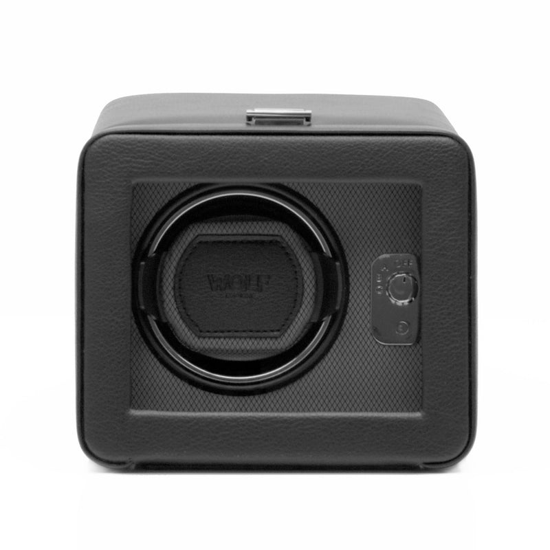 Black faux leather single watch winder with round window and small control panel