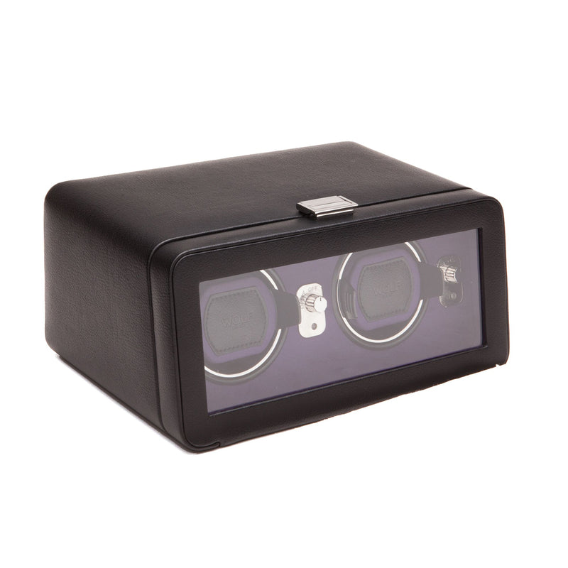 Black double watch winder with cover, clear window and purple interior