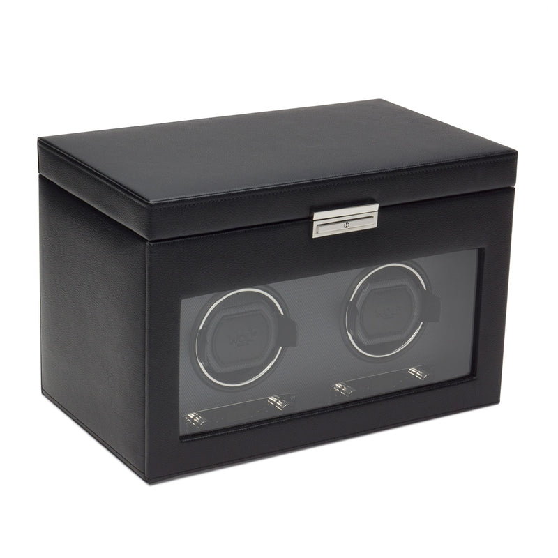 Black double watch winder with vegan leather-look case and front glass window