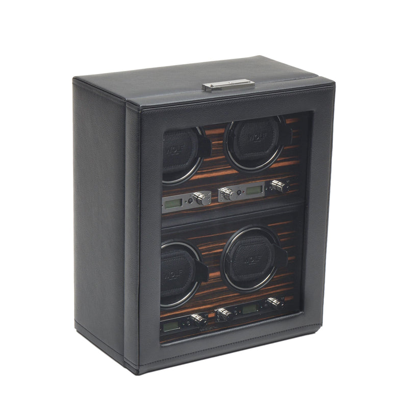 Black quadruple watch winder with glass window and four rotating watch positions
