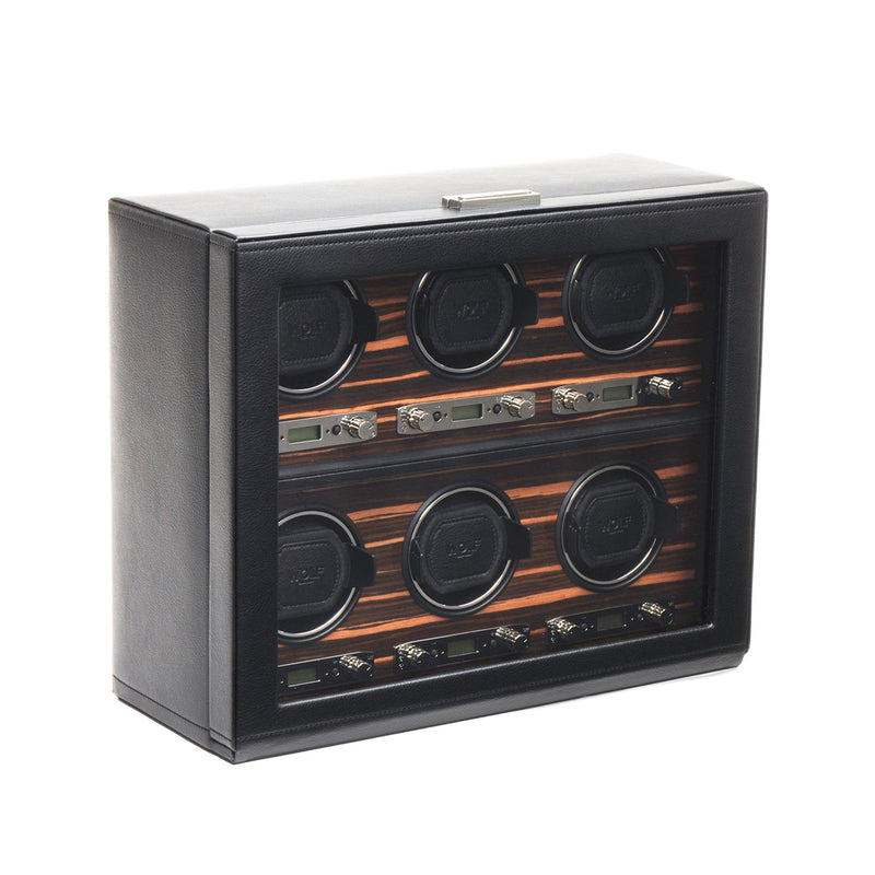 Six-module black watch winder with clear window and six rotating watch holders