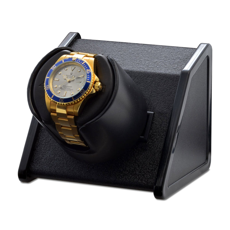 Black single watch winder with cushioned holder and open view for a gold watch.