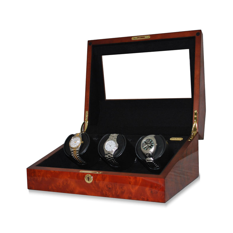 Orbita triple watch winder with cover, burl-finish wooden case, three rotating watch holders.