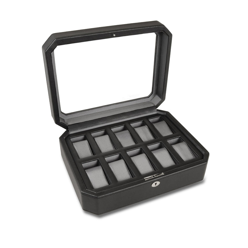 Black faux leather watch box with 10 cushioned slots, open lid