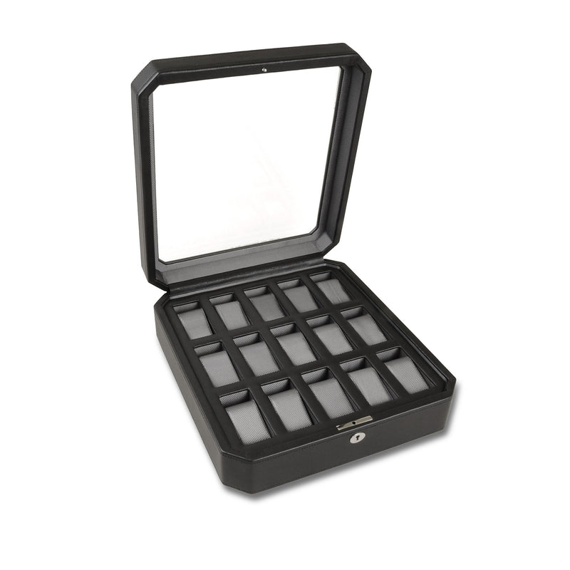 Black faux leather 15-slot watch box with hinged lid and display window