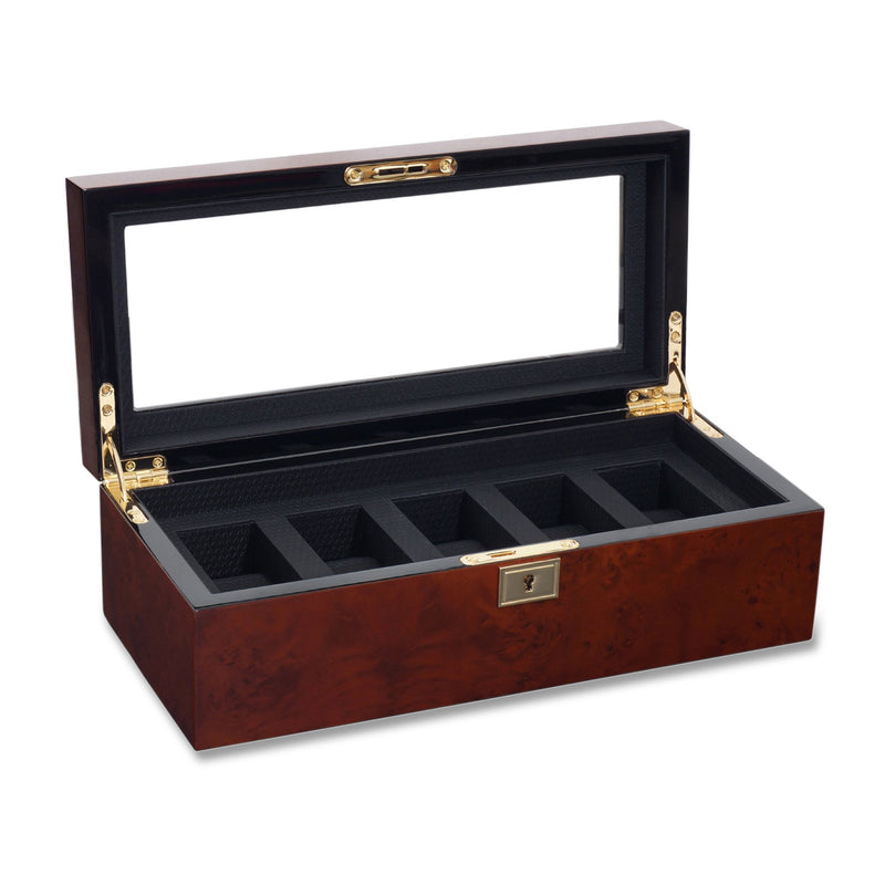 Burlwood five-compartment watch box with hinged lid and black cushioned inserts.