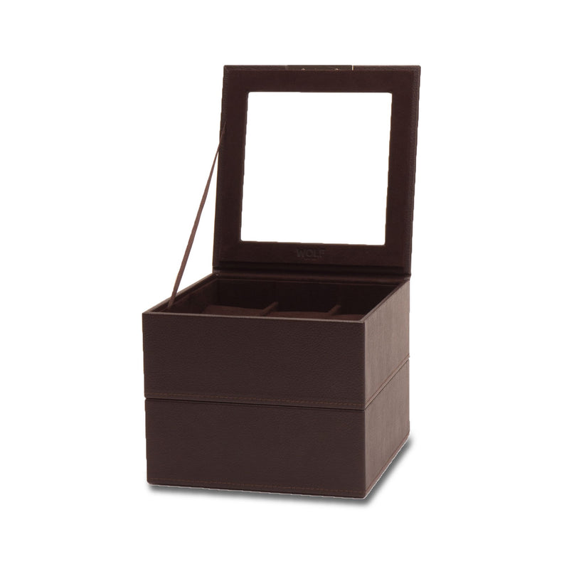 Brown faux leather watch tray set of two, six-slot compartments with hinged lid