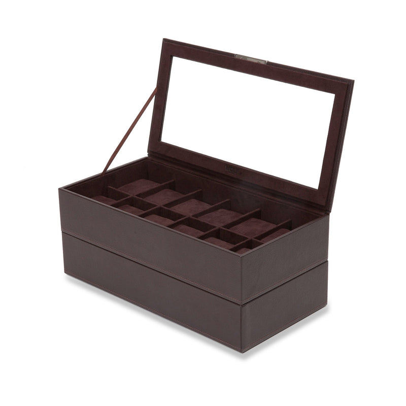 Stackable set of two faux leather watch trays, open lid with 12 compartments
