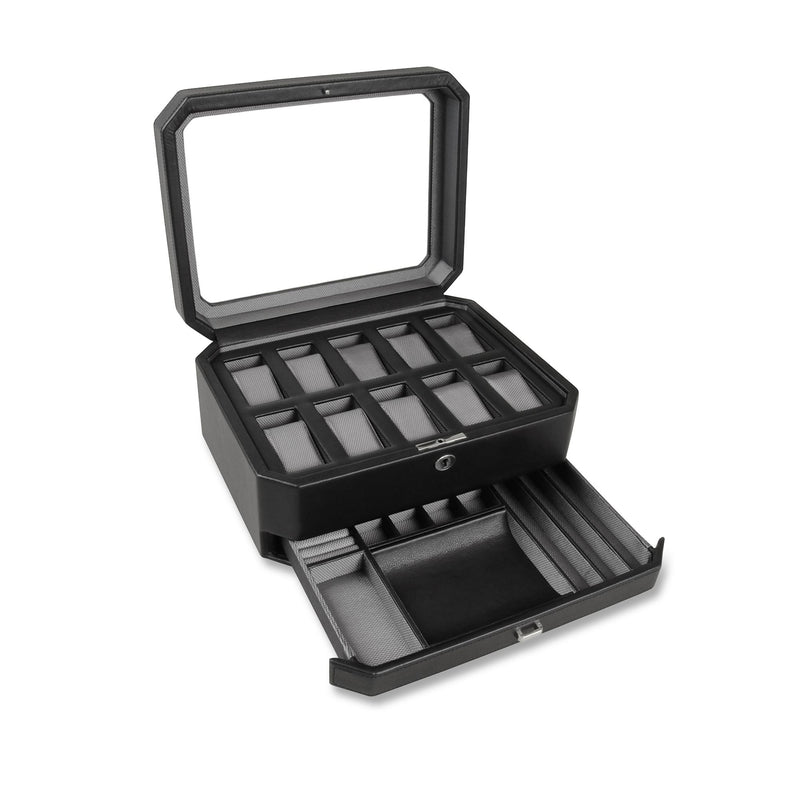 Black faux leather 10-watch box with drawer and padded compartments, hinged lid
